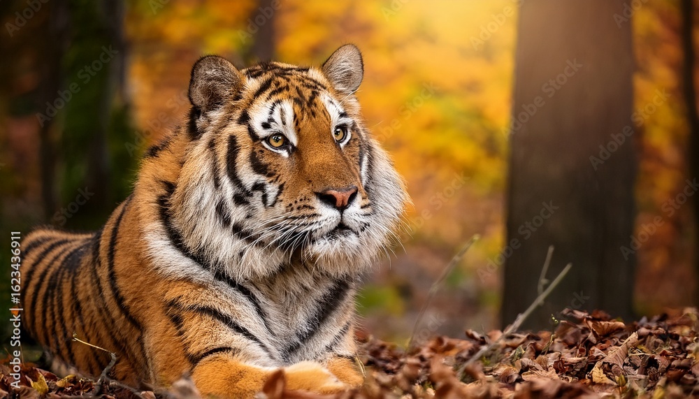Obraz premium majestic tiger in autumn forest for international tiger day celebration