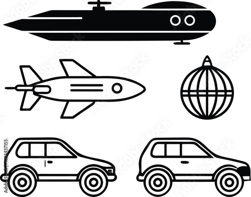 Collection of Transportation Icons Including Submarine Airplane Car and Hot Air Balloon in Simple Black and White Style