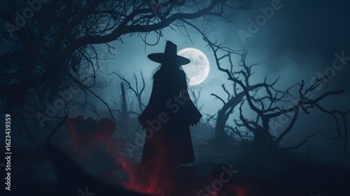 Halloween witch spooky night silhouette full moon dark trees scary october