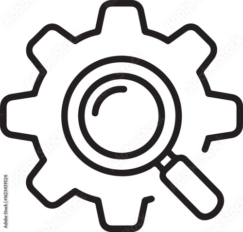 Magnifying glass over a gear symbolizing research and development in mechanical engineering