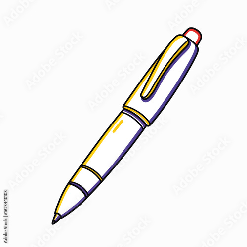 Colorful ballpoint pen with red cap and yellow accents  