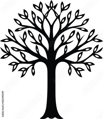 Stylized Black and White Tree Illustration with Delicate Leaf Detail a Graphic Design Element for Creative Projects