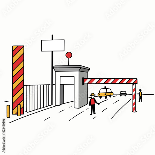 Security checkpoint with cars passing and people walking around  