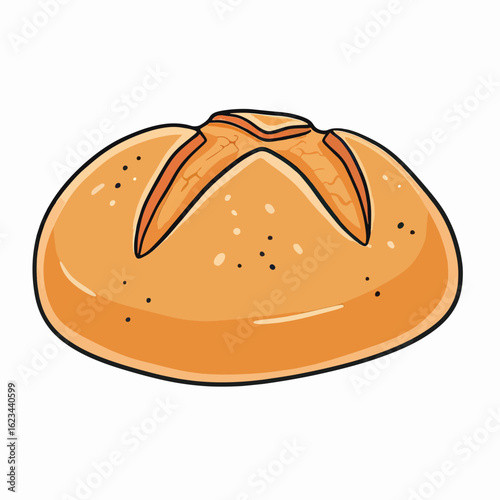 Freshly baked round bread with crusty top and golden color  
