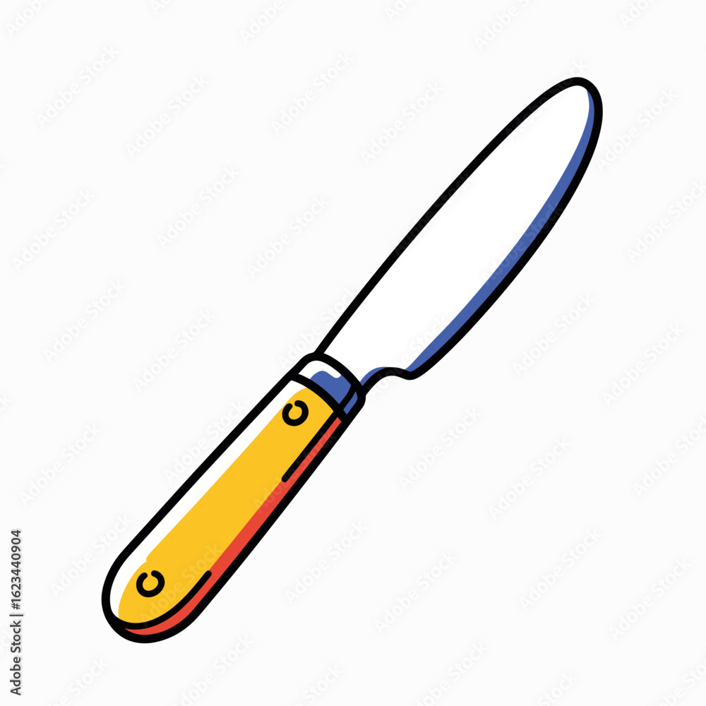 Fototapeta premium Colorful kitchen knife with yellow and red handle on white background 