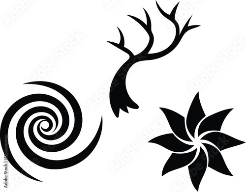 Abstract Black and White Nature Elements Silhouette Design Minimalist Composition With Spiral Flower and Tree Branch Shape