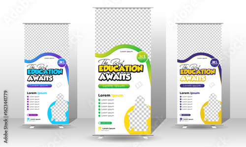 Back-to-school colorful rack card template or roll-up banner design for school admission