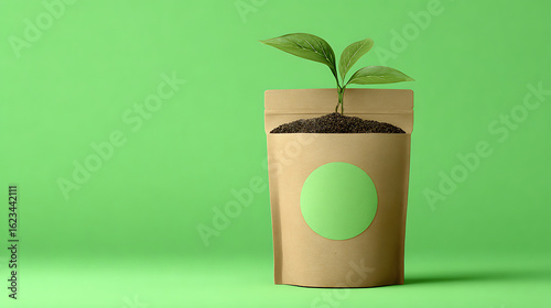 Kraft pouch with plant growing from soil and green circle label green label sprout