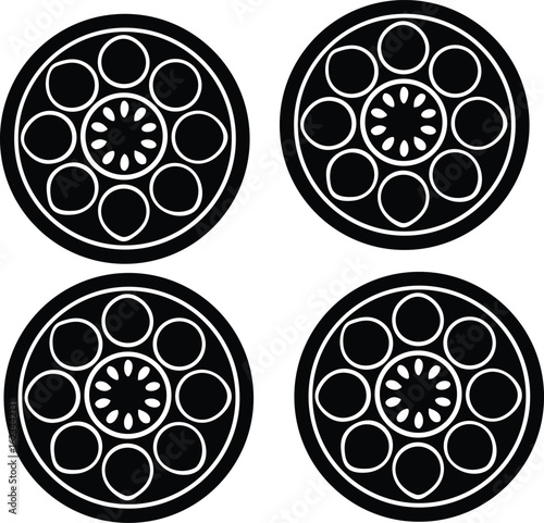 Abstract Black and White Pattern with Circular Designs and Gun Revolver Cylinder Motifs in a Repeating Layout
