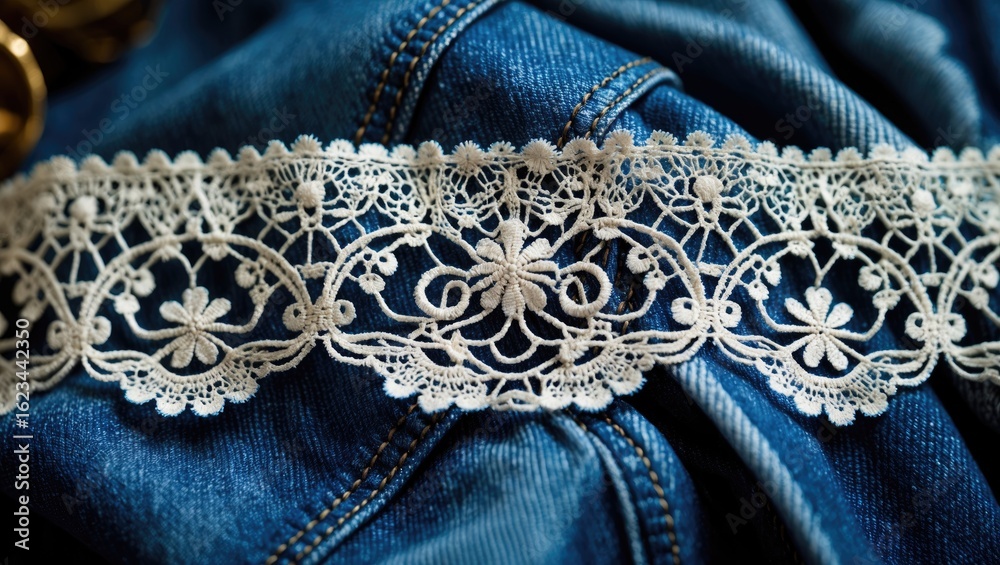 Obraz premium Close-up of delicate lace trim on denim fabric.