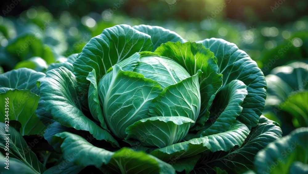 Obraz premium Fresh cabbage in a garden, with green leaves and a healthy appearance. Vegetables and agriculture, concept. Natural food and gardening ideas. The concept of farming and organic produce.