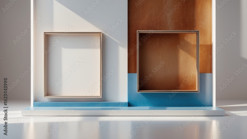 Two empty square frames against a modern backdrop with a mix of white, blue, and brown tones. Two empty square frames against a modern backdrop with a mix of white, blue, and brown tones.