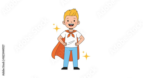 Vector art of cartoon illustration of a happy boy dressed as a superhero with a cape and stars, isolated on white background