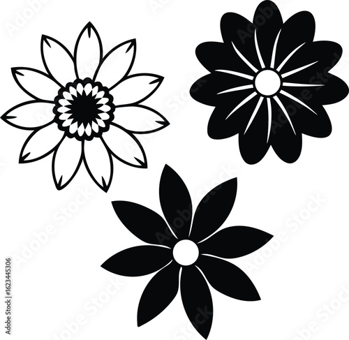 Elegant Flower Silhouettes on White Background Botanical Vector Art Floral Design Elements Black and White Flower Clipart Nature Inspired Graphics
