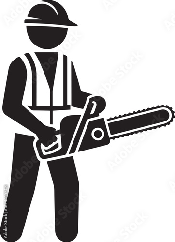 Construction worker holding a chainsaw isolated on white background