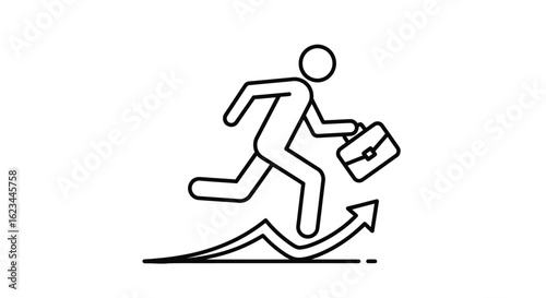 Vector art of businessman running with a briefcase on an upward arrow, representing career growth and financial progress, isolated on white background