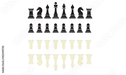 Chess silhouettes vector icons. Chess icons set. Chess black flat icons. King, Queen, rook, knight, bishop, pawn. Vector chess isolated on white background. Chessboard game.