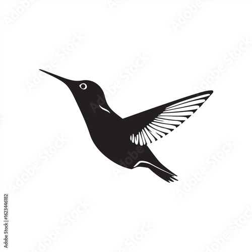 A classic, elegant, black and white vector silhouette hummingbird. The hummingbird is sharply defined against a plain white background. 