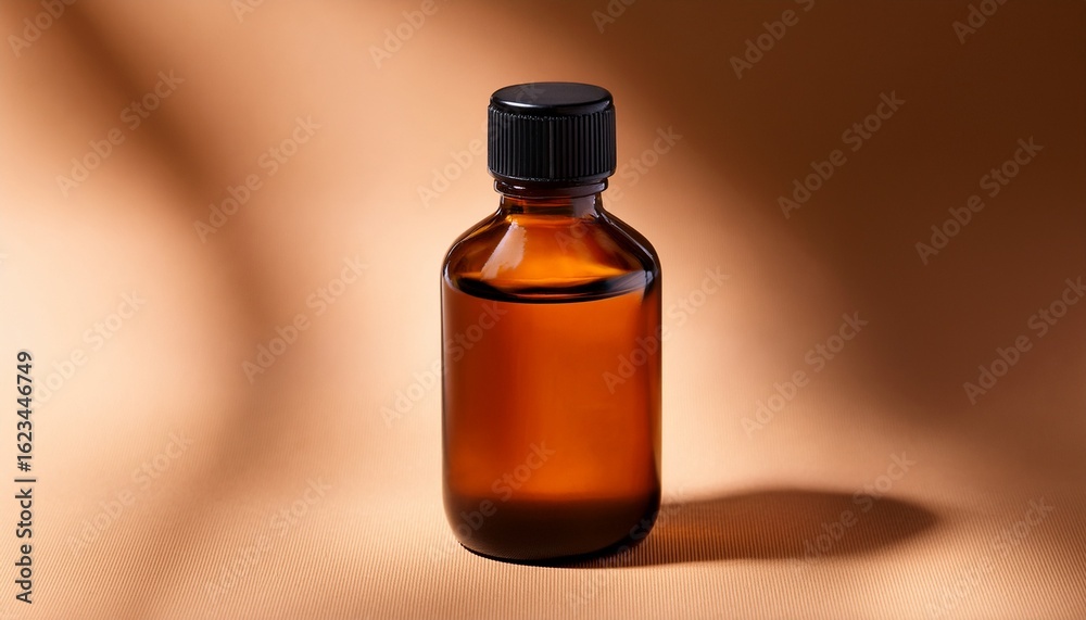 Fototapeta premium an amber glass bottle with a black lid sits on a light brown surface