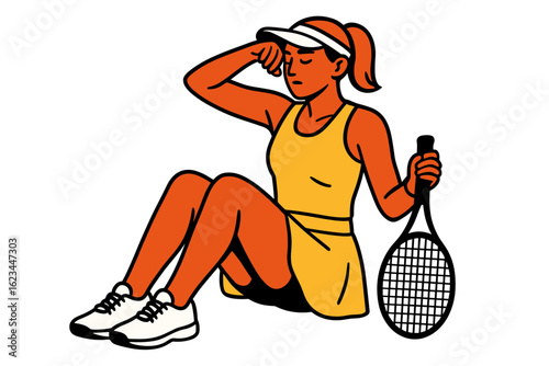 Vector illustration of a female tennis player sitting and shielding her eyes with a racket