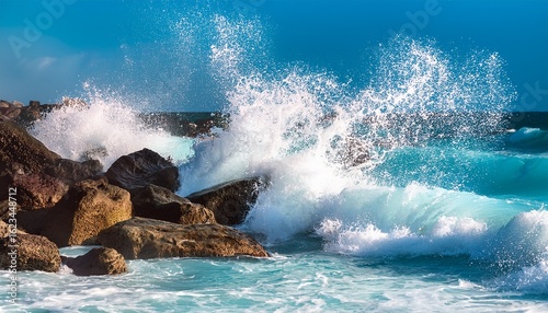 close up of foamy turquoise sea waves crashing over coastal rocks in sunlight