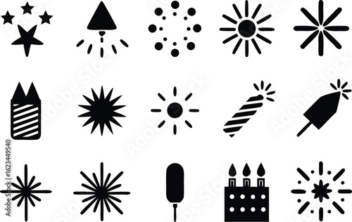 Collection of fireworks and sparklers silhouette isolated on transparent background