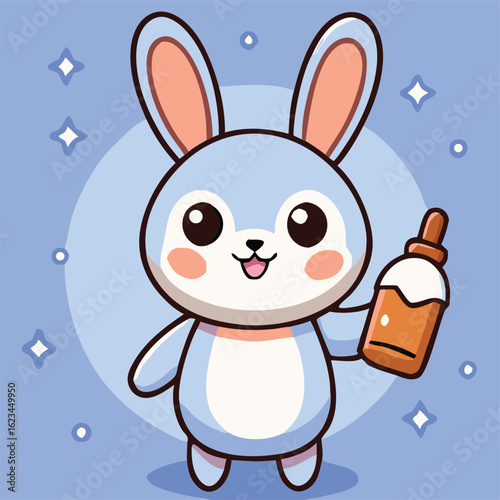 Delightful cartoon bunny gleefully holds a bottle filled with sweet carrot juice ready to hydrate