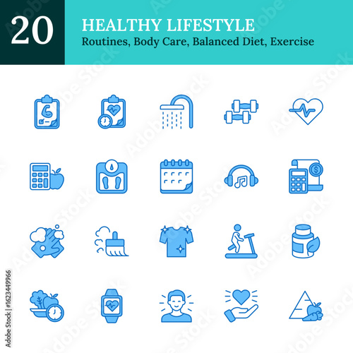 Healthy Lifestyle Blue Fill Outline Icon Sheet Vector Design - representing wellness routines, body care, balanced diet, exercise plans, mental health support, fitness tools, food, trackers, and music