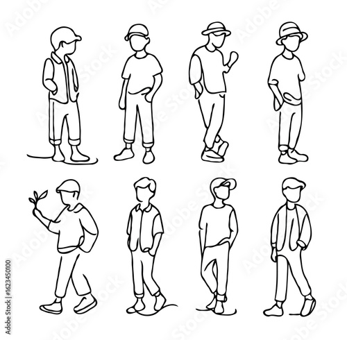Sketches of Stylish Young People Minimalist Line Art doodle art. Line Art Boys Collection Outlines of Young Men in Casual Attire.