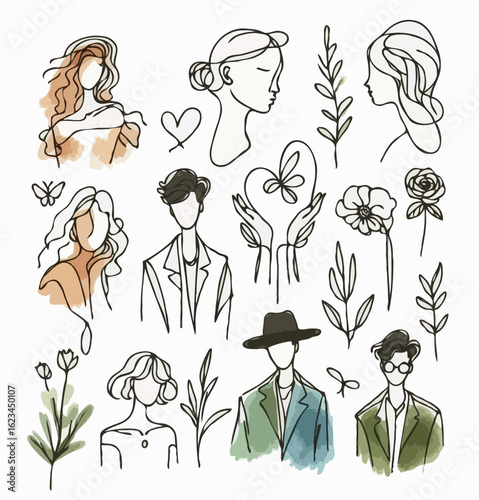 Sketches of Stylish Young People Minimalist Line Art. Line Art Collection Faces and Abstract Figures, doodle art.
