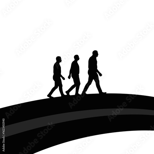 Silhouette of three men walking on a curved path creates a stark image. Silhouette is defined by contrasting black figures against white.