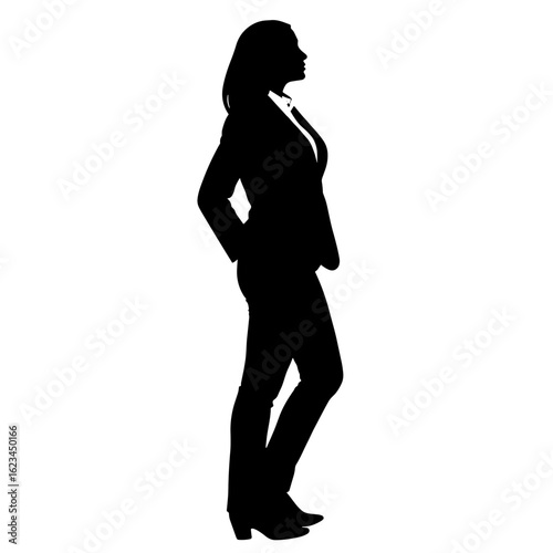 Silhouette of businesswoman in formal wear, standing tall against white background. Silhouette features elegance and professionalism, seen in her posture and attire.