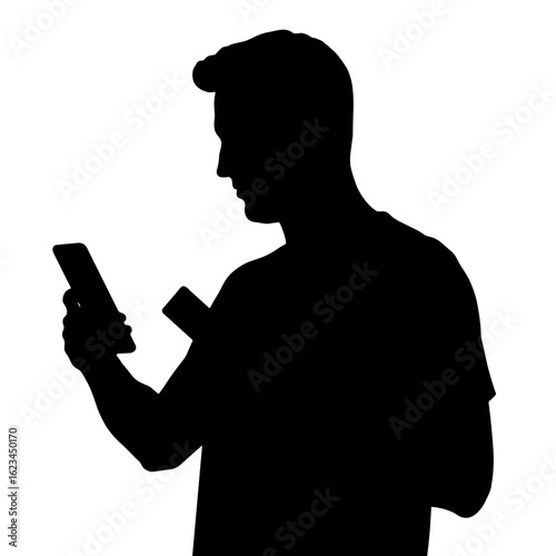 Silhouette of man using smartphone isolated on white background. Silhouette displays focused man, holding phone and card. Dramatic silhouette for financial service advertisements.