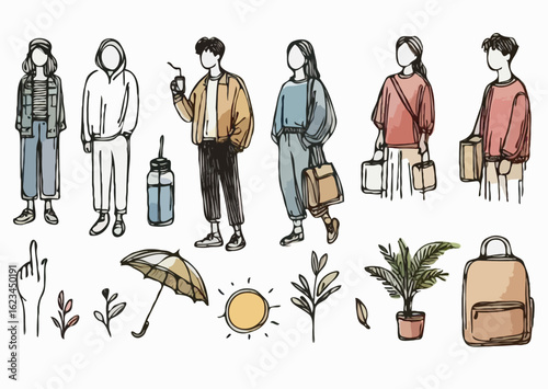 Casual Attire, Hand-Drawn Style. People in Casual Outfits with Accessories and Nature Elements. Set of funny cartoon people doodle art.