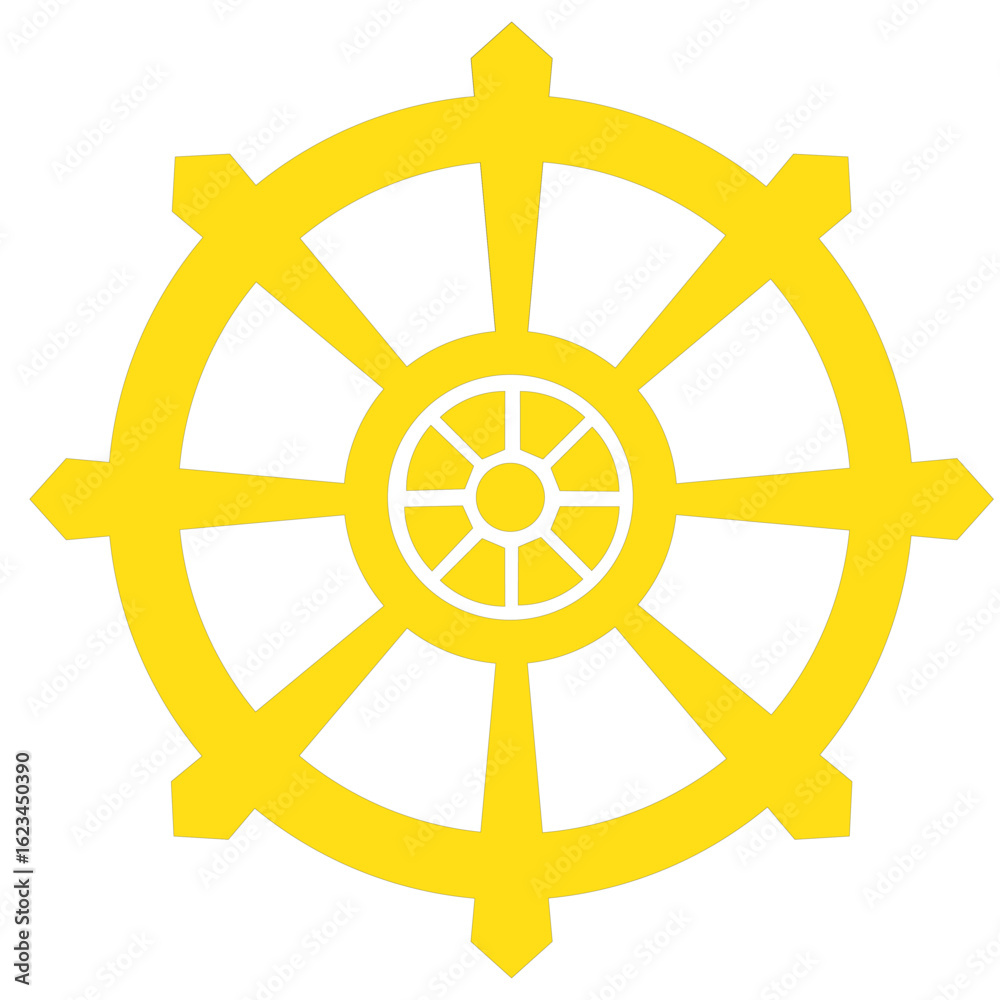Obraz premium Dharma wheel. Buddhism sacred symbol. Dharmachakra. Vector illustration,yellow