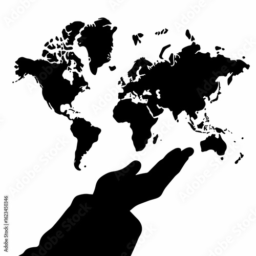 Silhouette world map rests on silhouette hand, showcasing continents in black and white. Silhouette highlights detail continents, land masses, and oceans.