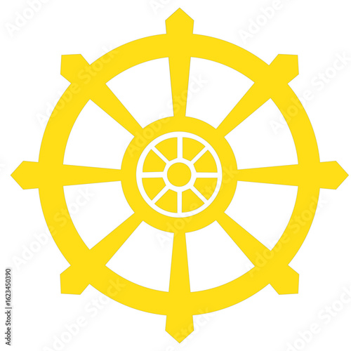 Dharma wheel. Buddhism sacred symbol. Dharmachakra. Vector illustration,yellow