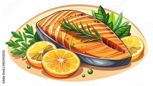 Grilled salmon steak rests beautifully on a white background, accented by bright yellow lemons and fresh herbs. The semi-realistic vector reveals juicy textures, charred lines, and soft herbal highlig