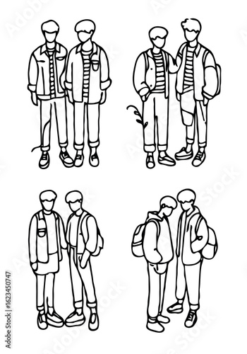 Sketches of Stylish Young People Minimalist Line Art. Set of funny cartoon people, doodle art.