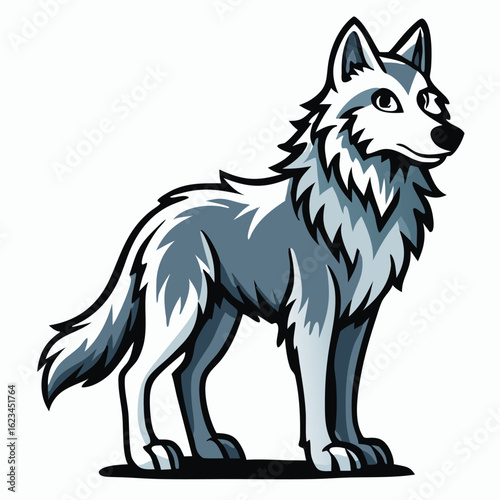 Isolated wolf cartoon stands alert and noble against the background of pure white