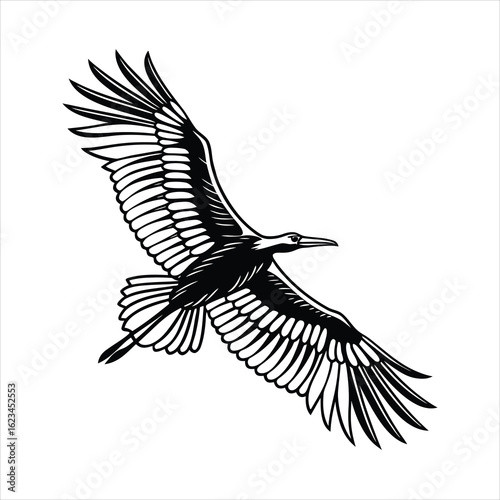 Stylized black and white illustration of an eagle in flight