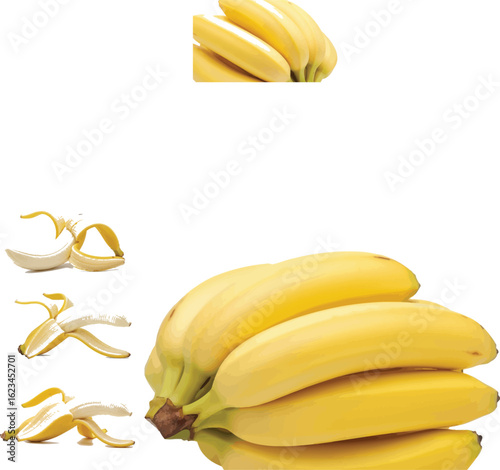 Photo of bunch of bananas and peels isolated on white background