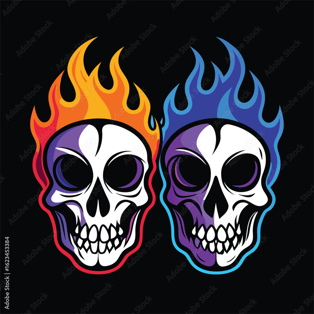 Fototapeta premium Colorful skulls with blue and orange flames on a black background appear cool