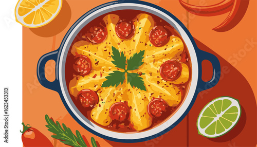 Casserole dish overhead – close-up flat vector illustration, baked comfort food, minimalist style