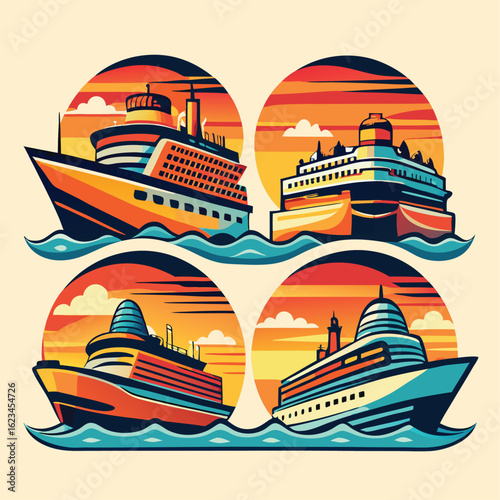 Colorful cruise ships sail on stylized waves before a vibrant, horizontally striped sunset scene