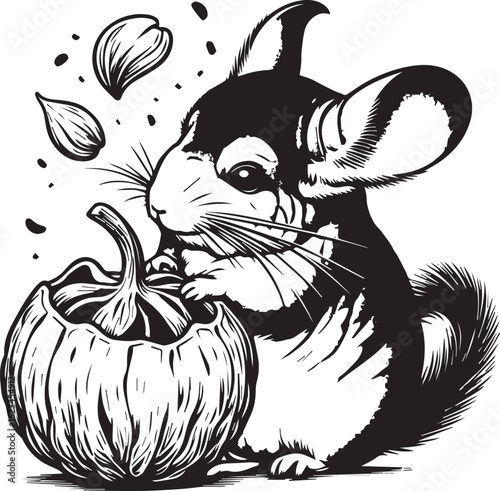 Adorable chinchilla nibbling flower, a charming design element perfect for nature themed creative projects