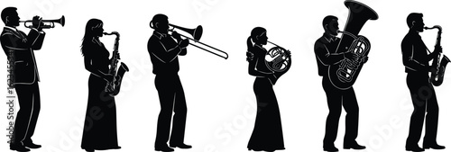 Five musician silhouettes performing with brass instruments—trumpet, saxophone, trombone, French horn, and tuba black vector icons for band themes