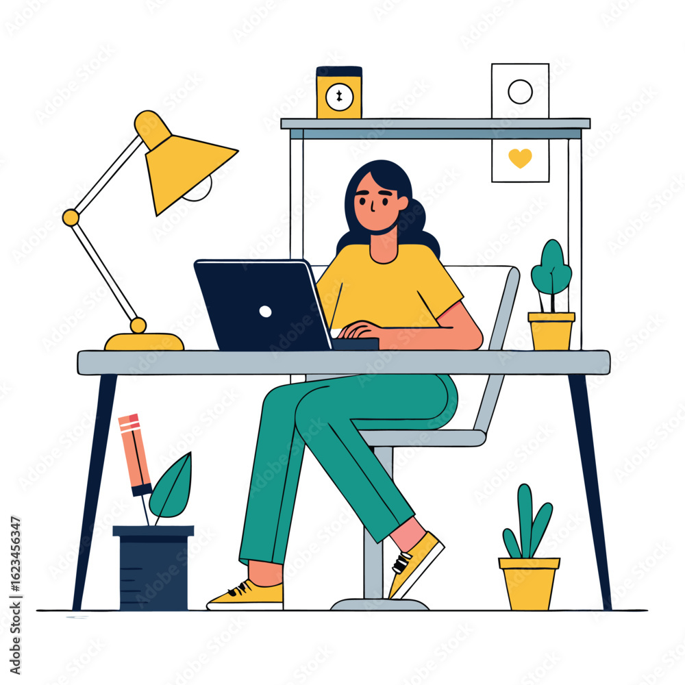 Fototapeta premium Darkhaired woman works at her laptop, sitting at a desk filled with plants