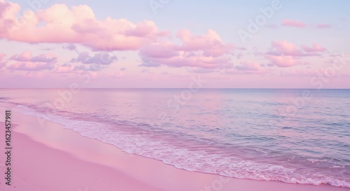 Gentle waves wash over a pink-hued beach under a breathtaking sky filled with colorful clouds at dusk