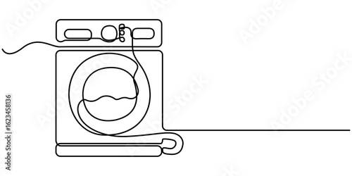 continuous one line drawing of washing machine, Clothes washing machine outline drawing illustration,   Laundry washing machine in single line draw vector illustration. Editable vector. 